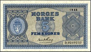 5 kroner 1948, serie D.0249233. 0