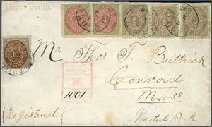 3,10,11. DWI. 27 cents postage to U.S.A. Two 1 c, three 5 c and one 10 c on registered envelope to Massachusetts, cancelled "St. Thomas 7.2.1888". Arrival postmark "New York 2-14 1888" at reverse. Some minor perf-faults. Ex. Engstrøm.