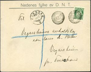 99. 5 øre Posthorn på konvolutt, annullert med 4-rings "837" (Gjærbrønden, Landvik, AA), og ved siden stemplet "Grimstad 12.7.17".