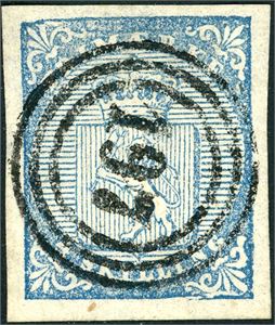 1. 4 skilling våpen 1855, anert med nummerstempel "197" (Mandal). Tre gode/normale marger, litt smal oppe.