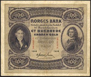100 kroner 1940, serie B.4374184. Bl.a. litt kraftig midtbrett, men ellers pen seddel. 1