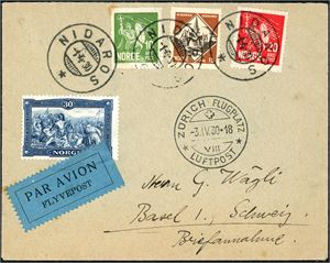177/180. Hellig Olav i komplett serie på konvolutt, stemplet "Nidaros 1.4.30" og sendt med luftpost til Sveits. Ankomststemplet "Zürich Flugplatz Luftpost 3.4.30" på forsiden.
