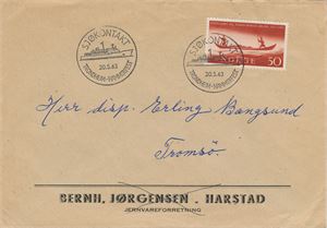 Særstempel Bruksbrev stemplet Sjøkontakt Trondheim-Hammerfest 20.5.63, sendt fra Harstad til Tromsø.