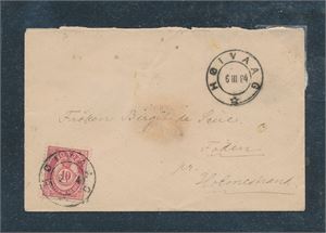 Nk 38 på brev stemplet "HØIVAAG 6 III 84" til Folden pr Holmestrand. Transittstemplet "LILLESAND 7-3-1884" bak