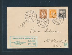 FØRSTEFLYVNING Bergen-Oslo 1-6-1939 på kort