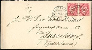 38. 20 øres porto til Tyskland. To 10 øre Posthorn 1883 i horsisontalt par på konvolutt til Düsseldorf, stemplet "Christianssand 7.8.83". Ankomststempel på baksiden.