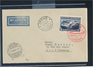 MOTIV: ZEPPELIN LIECHTENSTEIN Brev med Mi 115 spesialstempel "ZEPPELIN POST NACH LAUSANNE" sidestemplet "VADUZ 18.VI.31" og ankomst Lausanne neste dag. Stempelet er omtalt i fotnote i Michel