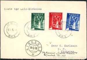 220(555. Oslo 900 år i komplett serie på konvolutt, stemplet "Oslo 15.5.50" og ved siden maskinskrevet "1:ste tur oslo-Kirkenes" samt stemplet "Kirkenes 19.5.50" med påskriften "Flyhavariet "Bamse Brakar" i Harstad 15/5-1950" med linjestempel "Kirkenes postkontor".