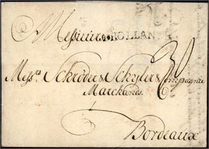 Komplett brev datert "Trondhiem Oct. 11. 1766" og sendt til Bordeaux. Befordret privat til Amsterdam, deretter med forwardingagent "Jean Du Long & Fils". I paris er brevet stemplet "D´Hollande" i sort. Satt i porto med 20 Sols.