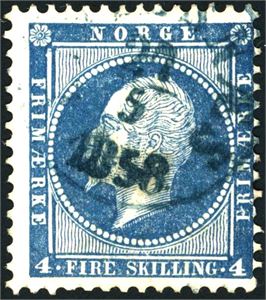 4. 4 skilling Oscar annullert med dampskipsstempel "Lindesnæs 27.5.1858" i blått.