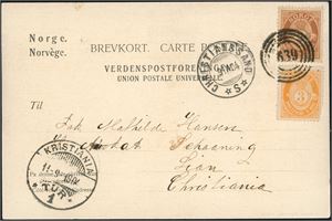 74,75. 2 øre- og 3 øre Posthorn på postkort, anert med 4-rings "639" (Flekkerø Sanatorium), og ved siden "Christianssand 9.9.04" samt ankomststempel "Kristiania 11.9.1904".