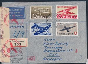 SVEITS, Flott luftpostbrev sent til Norge i 1941. Diverse sensurstempler og sensurremse på brevet