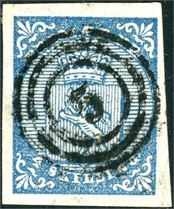 1. 4 skilling våpen 1855, anert med nummerstempel "5" (Aas, AK, 7 pkt). Normale marger.