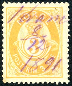51 III. 3 øre 20 mm, anert med håndskrevet stedsnavn "Kvam 8/12 1891" i lilla.