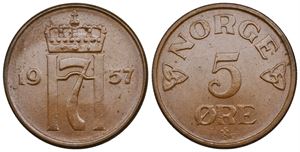 5 øre 1957 Haakon VII. Kv.0