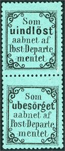 R 2 y,R 2y v1. "Som uindløst" i vertikalt par, der nedre merke har variant "Som ubesørget". Øvre merke med hengsel, varianten med kun en liten tørr flekk.