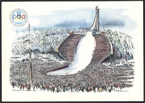 OL 1952. Tre tegnede kort fra 3 ulike arenaer. Også et fotokort av Rødkliva i storformat. K_1