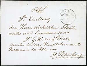 Betalt brevomslag for bankobrev (6 Spd), stemplet "Tromsø 28.6.1850" og sendt til Pulkovo, nær St. Petersburg. Brevet er sendt med "Prinds Gustav" til Trondheim, deretter via Værdalen og Østersund til Stocholm, der brevet er transittstemplet "12 jul 50" på baksiden ved siden av et ankomststempel.
