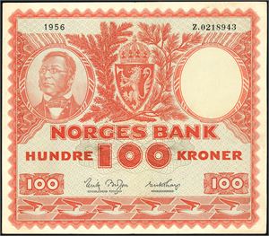 100 kroner 1956, serie Z.0218943. Erstatningsseddel. Slitasje i midtbretten på revers. 1-