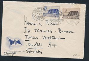 Brev med Nk 181 og 183 på flott konvolutt stemplet "NORDKAPP 5-8-34" til Sveits. Logo "Hamburg-Amerika-linie"