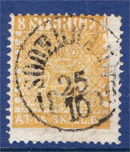 F4d 8 skill bco, klargul stpl Söderhamn 25.10.1856, intyg HOW, "färgstarkt, svår nyans, gott exemplar"