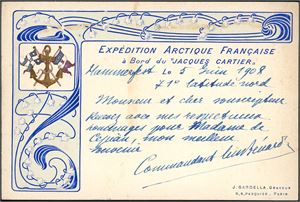 Postcard from the "Expédition Arctique Francaise a Bord du "Jacques Cartier". The other stamp with two marks "le Commandant de l`Expédition Arctique Francaise" and a big round "Expedition Artic Francaise, Cour dant Benard "Le "Jacq es Cartier". The stamps is missing.