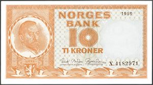 10 kroner 1969, serie X.4182971. Erstatningsseddel. 0