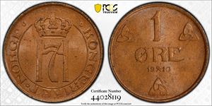 1 Øre 1910 Kv 0, PCGS MS65 *