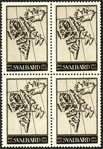 Emil Moestues frimerkeforslag av Svalbardmerket i brun farge i fireblokk.