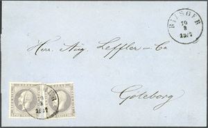 3. 6 skillings porto til Sverige. To 3 skilling Oscar på brevomslag til Gøteborg, stemplet "Riisøer 10.3.1867".