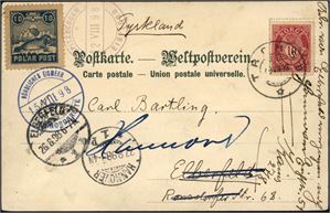 77,Spitsbergen E 2. Dekorativt Bade-kort frankert med 10 øre posthorn stemplet "Tromsø". Ved siden påsatt en 10 øre Polar Post-etikett, stemplet med to ulike turiststempler. Kortet er skrevet og signert av W.Bade og ankomststemplet i Tyskland i 1898.