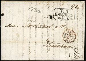 Komplett brev fra Bergen 2. juli 1844 til Lissabon, Portugal, stemplet "T.T. Hamburg 12. Juli.44" samt fransk stempel på forsiden. Baksiden med tre stempler hvorav "Lisboa 29.7". Portotall "960" påskrevet i øvre høyre hjørne.
