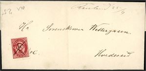 25. 10 øre skravert Posthorn på komplett brev, annullert med blekkryss og ved siden håndskrevet "Rauland 25/4" i 1878. En vertikal arkivbrett midt på, berører ikke merket.