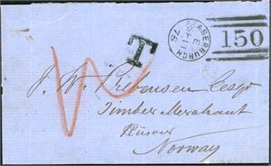 Ufrankert konvolutt, fra Scotland til Norge, stemplet med duplex "Fraserburgh Sp 11 75, 150" samt en "T" på forsiden. Baksiden med et svakt "Bureau Ré Expédiant De Christiania 16.9.1875" i blått.