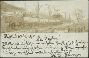Hafslund. Første elektriske jernbane, åpnet i 1898. Fotokort, trolig fra samme år. Stemplet "Sarpsborg" og sendt til Tyskland i 1900. K-2