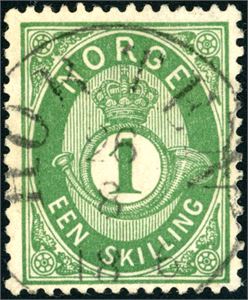 16 II. 1 skilling Posthorn, rettvendt fullstemplet "Horten 26.8.1876".