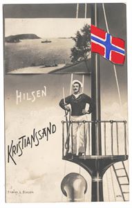 HILSEN KRISTIANSAND (Blazek 1470). Sendt til Bergen 1913, frimerket fjernet