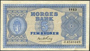 5 kroner 1953, serie J.4548049. 1