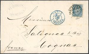 40 II. 20 øre blå på konvolutt til Cognac, Frankrike, stemplet "Christiania 15.1.85". Ved siden et fransk transittstempel i blått. Ankomststempel på baksiden.