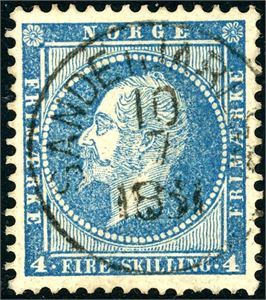 4. 4 skilling Oscar, rettvendt fullstemplet "Sande i Jarlsb. 10.7.1861" (VF).