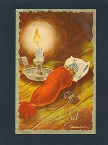 KUNSTNERKORT AUKRUST nisse som sover i lue (Oppi 7260/2) brukt 1953