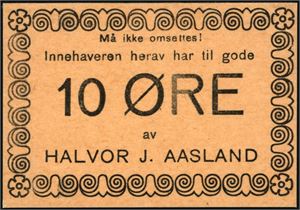 10 øre Halvor J. Aasland samt en Anvisning for utstyrsvarer fra Ytre Sandsvær Forsyningsnemd. Brukt i 1944.