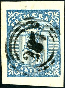 1. 4 skilling Våpen 1855, annullert med nummerstempel "287" (Storeelvedalen, HE, 7 pkt). Tre gode- og en normal marg.