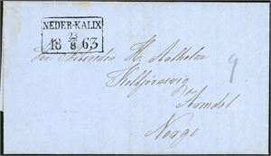 Komplett brev, pent stemplet "Neder-Kalix 23.8.1863"og sendt til Arendal. Porto "8" (skilling) er påskrevet i rødt på baksiden, og oppkrevet med "9" (skilling) som er påskrevet forsiden..