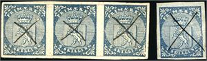 1. Fire 4 skilling våpen 1855: En horisontal 3-stripe og et enkeltmerke, alle annullert med blekkryss. 3-stripen er på et lite brevstykke, og er uten marger og er et par steder svakt innklippet.