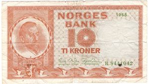 10 kroner 1968 R. Variant med grønt serienummer, underskrift og årstall