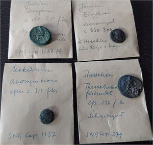 GREKLAND fyra antika grekiska mynt från Jonien, Makedonien och Thessalien, daterade ca 330–75 f.Kr.