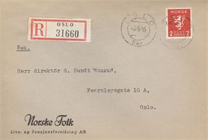 NK 231 2 kr. LØVE på nydelig REK brev st. Oslo 8-5-40 !! På reklamekonvolutt for Norske Folk (!!)