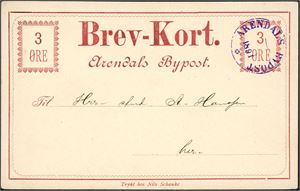 BK 1. Arendal bypost. 3 øre brev-Kort, stemplet "Arendals Bypost 1891" i lilla og sendt lokalt.