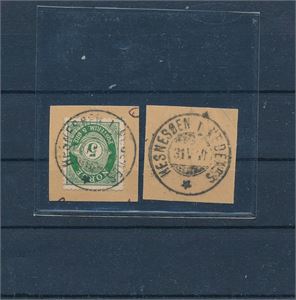 Nk 99 på klipp stemplet "HESNESØEN I NEDENES" + klipp med bare stempelet. Har nok sittet på samme brevet. Dette er et sjeldent stempel!